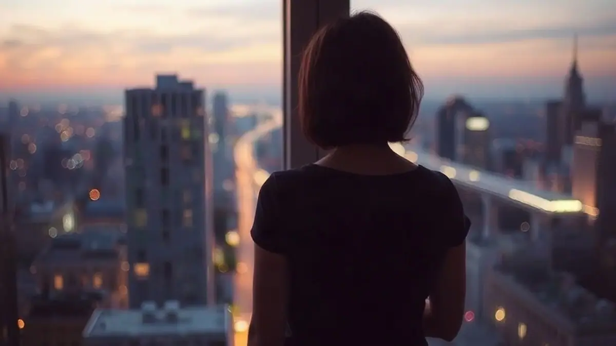 Illustration for a guide on confidence vs arrogance when flirting: a person seen from behind standing at a window overlooking a city at dusk