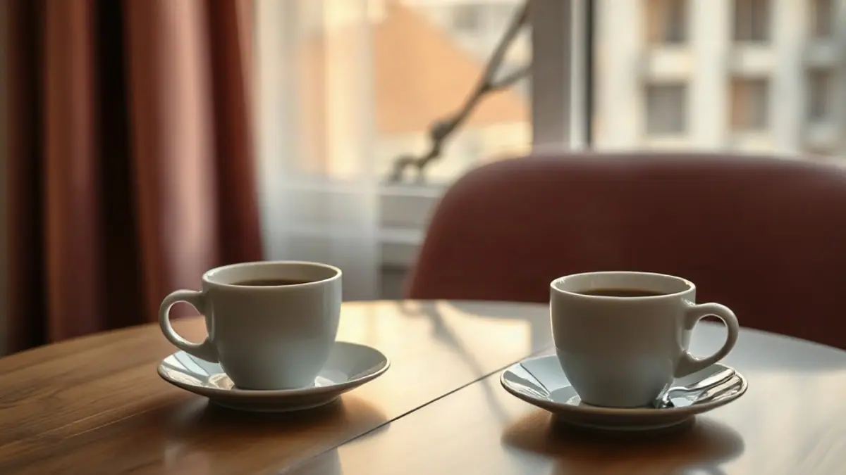 Illustration for a guide on flirting etiquette: two coffee cups on a table with one chair pushed back politely