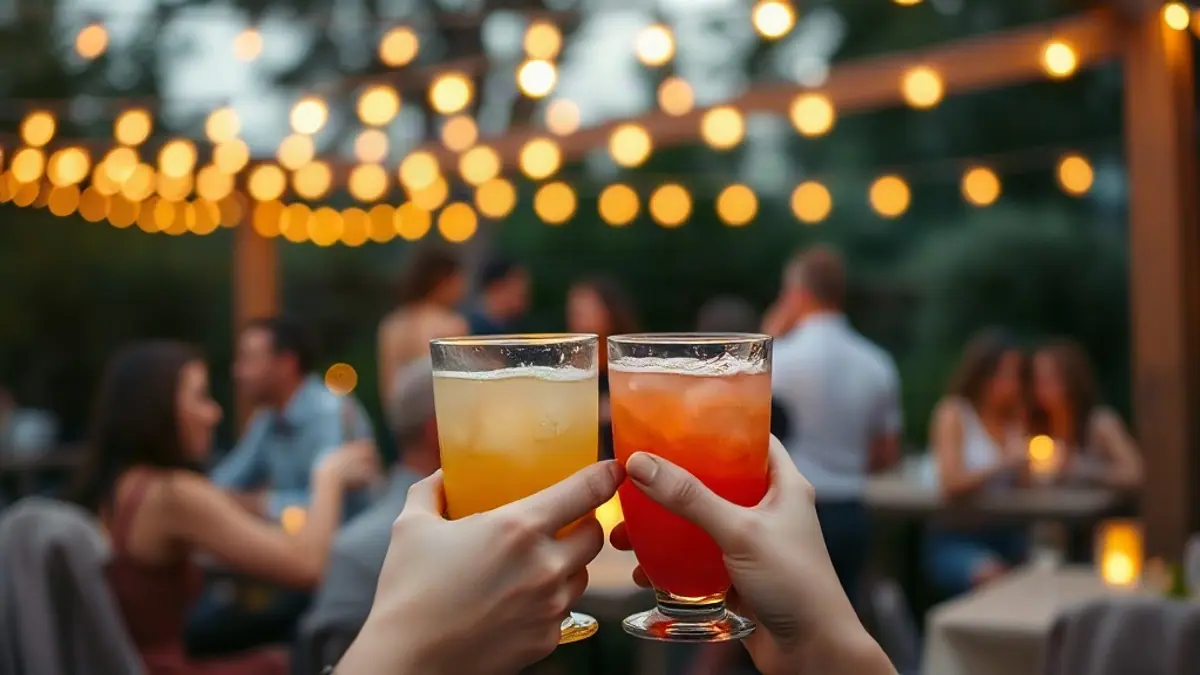 Illustration for a guide on flirting examples: two people’s hands holding drinks at a garden party with string lights