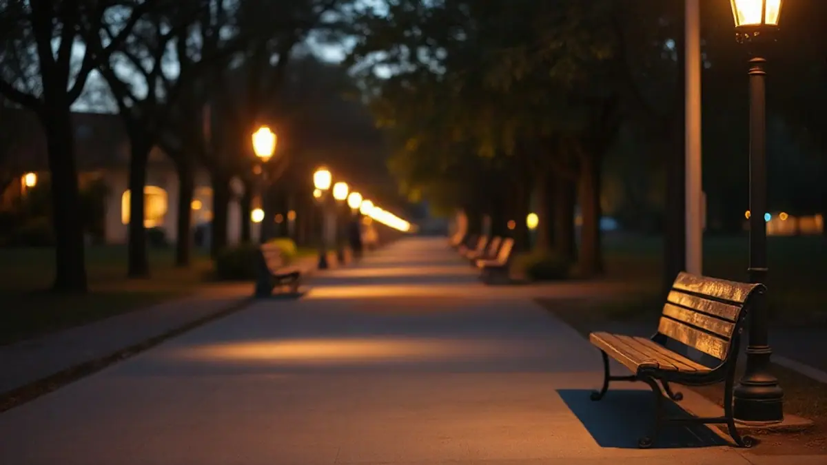 Illustration for a guide on flirting vs harassment: a calm city park path at dusk with benches and soft lamp light