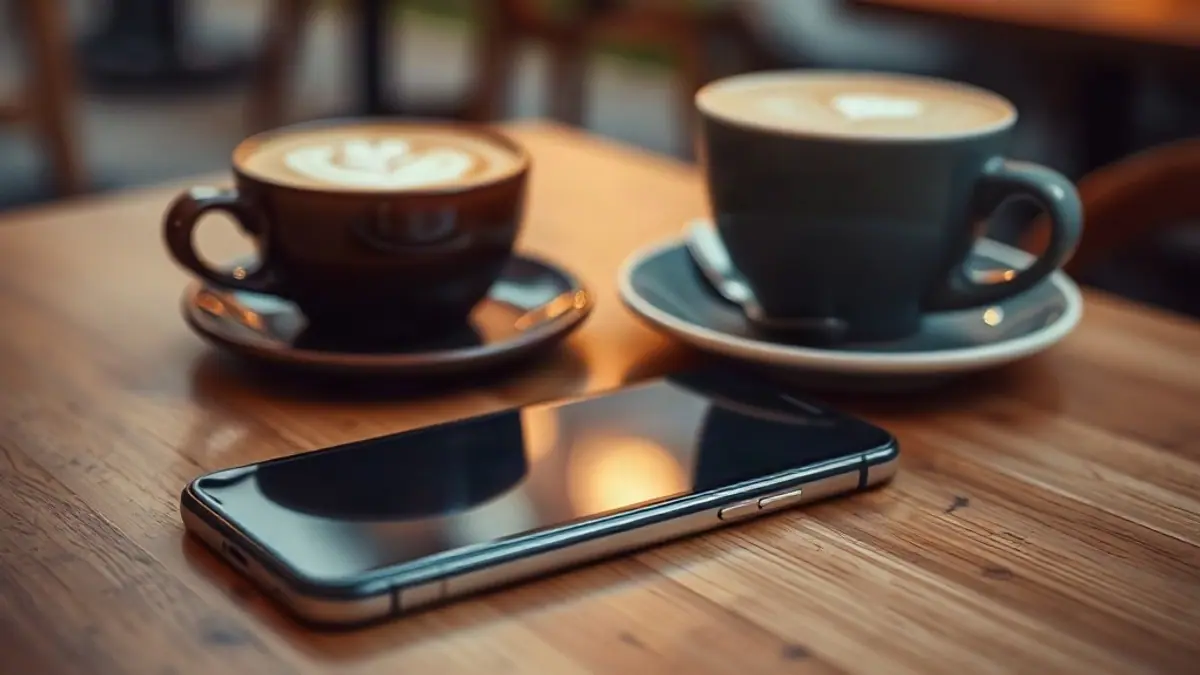 Illustration for a guide on flirty conversation starters: a smartphone face-up on a wooden café table beside a latte with foam art