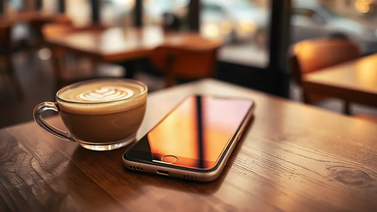 Illustration for a guide on flirty texts: a smartphone face-up on a wooden café table beside a latte with foam art