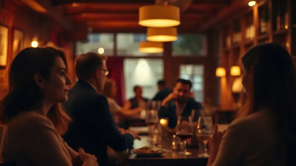 Illustration for a guide on how much interest should I show: a cozy wine bar with warm lighting and blurred adult patrons in conversation