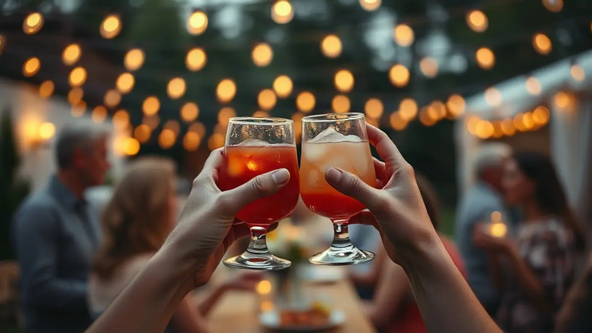 Illustration for a guide on how to build attraction gradually: two people’s hands holding drinks at a garden party with string lights