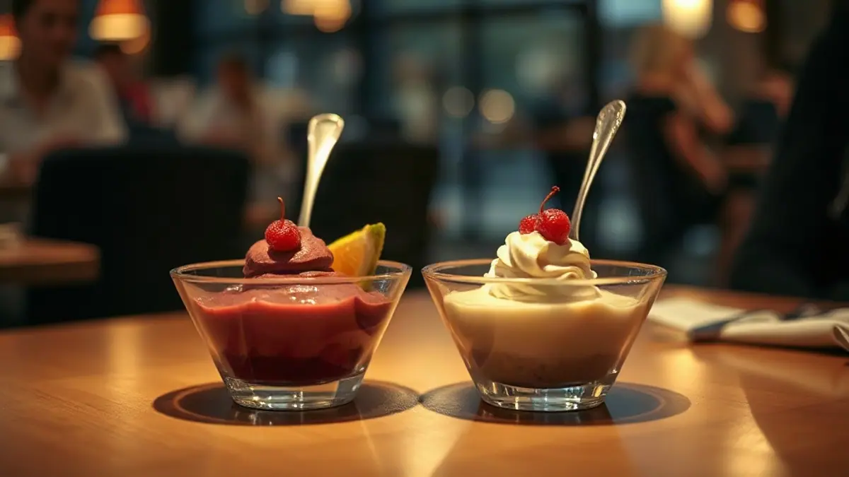 Illustration for a guide on how to build romantic tension: a shared dessert with two spoons on a restaurant table