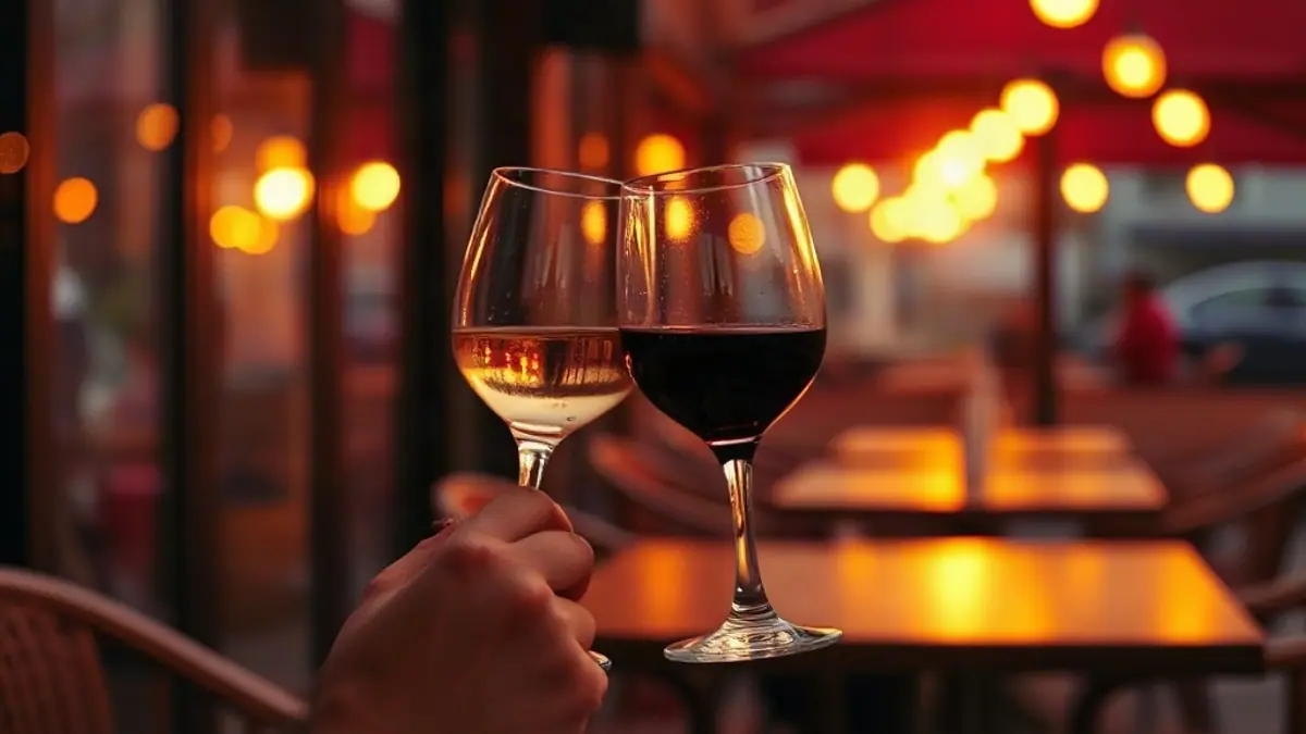 Illustration for a guide on how to compliment someone you like: two wine glasses clinking softly above a bistro table at golden hour