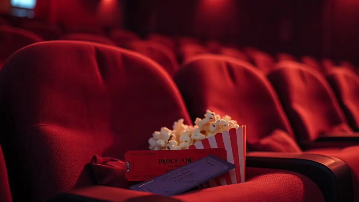 Illustration for a guide on how to create chemistry on a first date: two movie tickets and popcorn on a velvet seat