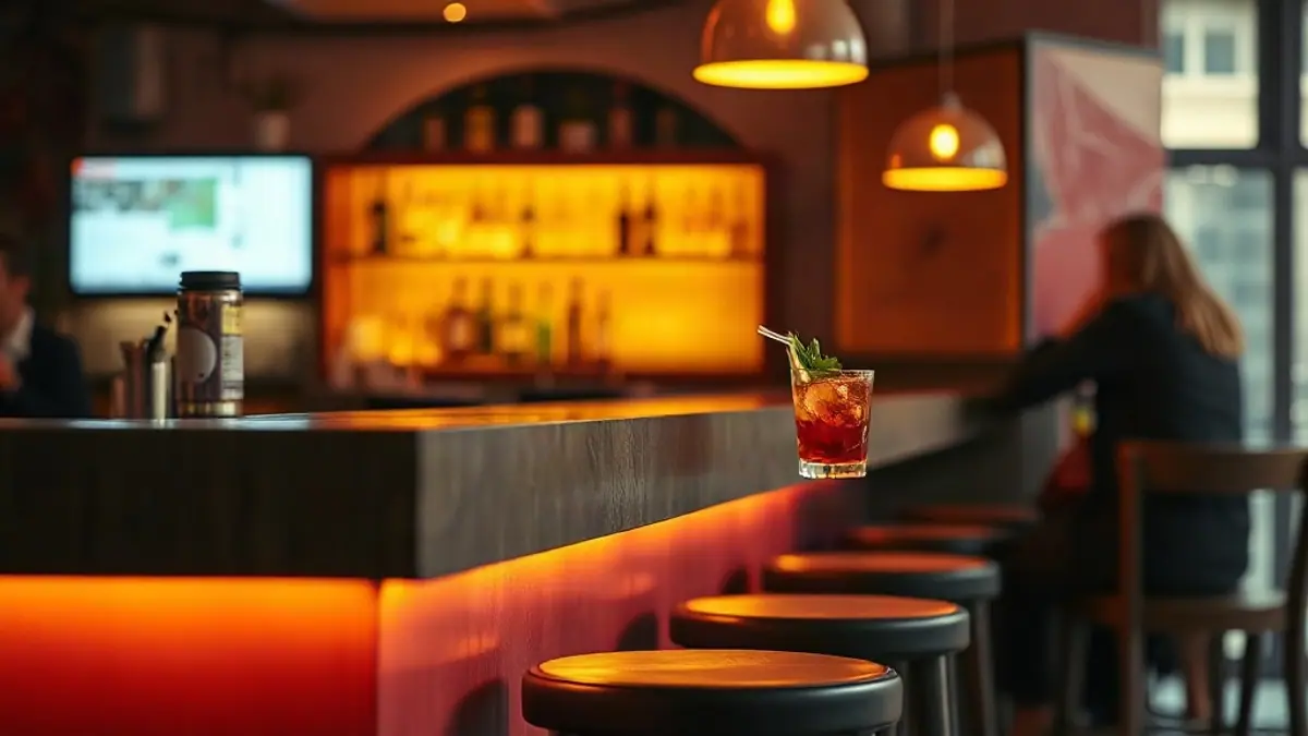 Illustration for a guide on how to flirt as an introvert: an empty stool at a warmly lit bar counter with a single drink