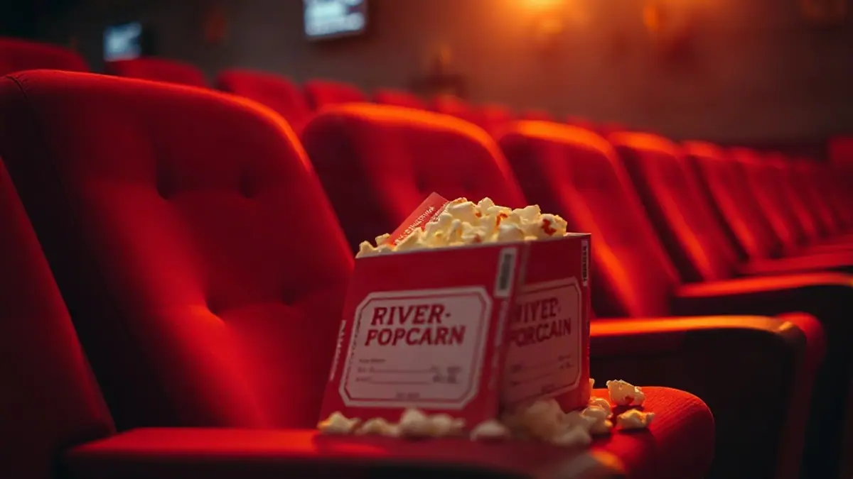Illustration for a guide on how to flirt in the talking stage: two movie tickets and popcorn on a velvet seat