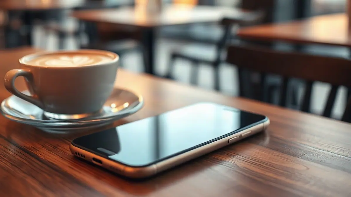 Illustration for a guide on how to flirt on dating apps: a smartphone face-up on a wooden café table beside a latte with foam art