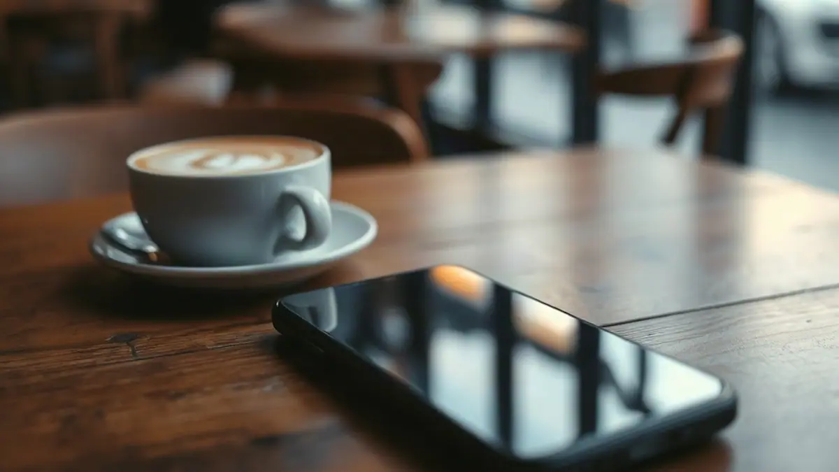 Illustration for a guide on how to flirt over text: a smartphone face-up on a wooden café table beside a latte with foam art
