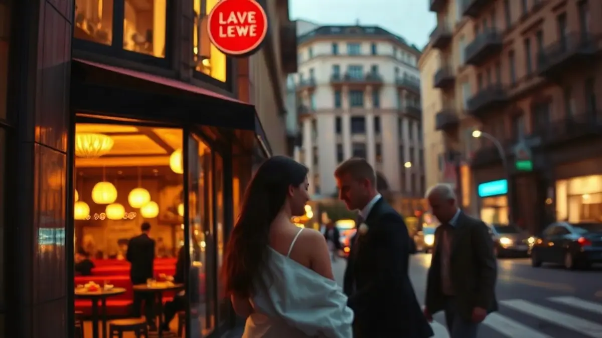 Illustration for a guide on how to flirt subtly: an elegant evening city street with a lit restaurant window and couples walking in soft focus