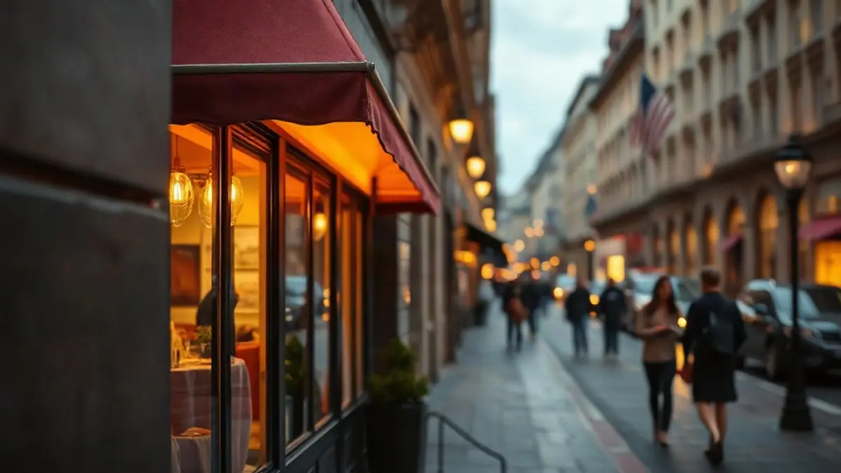 Illustration for a guide on how to flirt with a friend: an elegant evening city street with a lit restaurant window and couples walking in soft focus