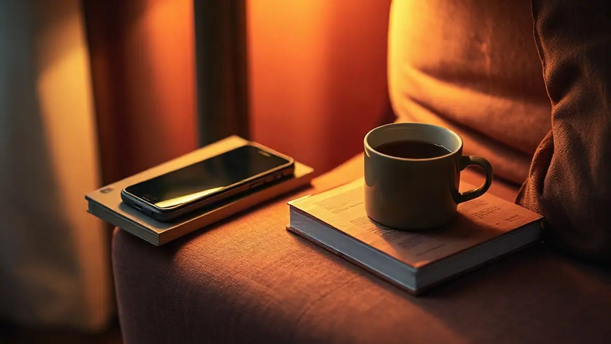 Illustration for a guide on how to flirt with a girl over text: a phone resting on a stack of books next to a cup of tea on a cozy sofa arm