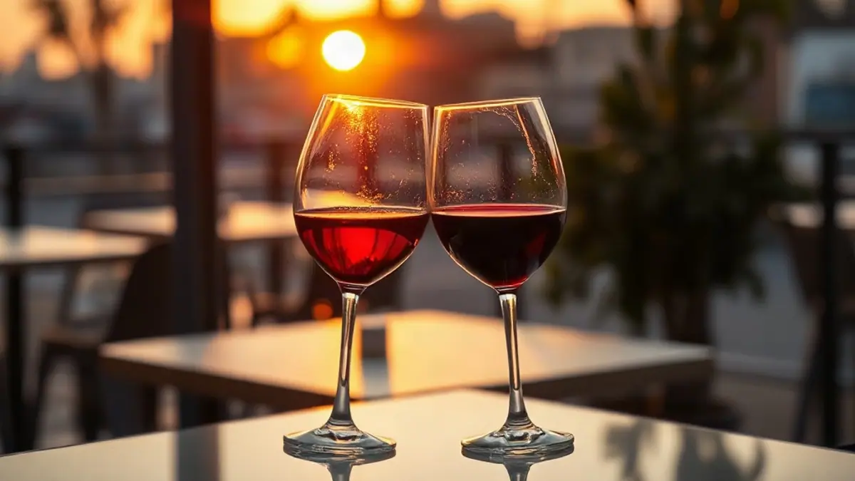 Illustration for a guide on how to flirt with a shy guy: two wine glasses clinking softly above a bistro table at golden hour