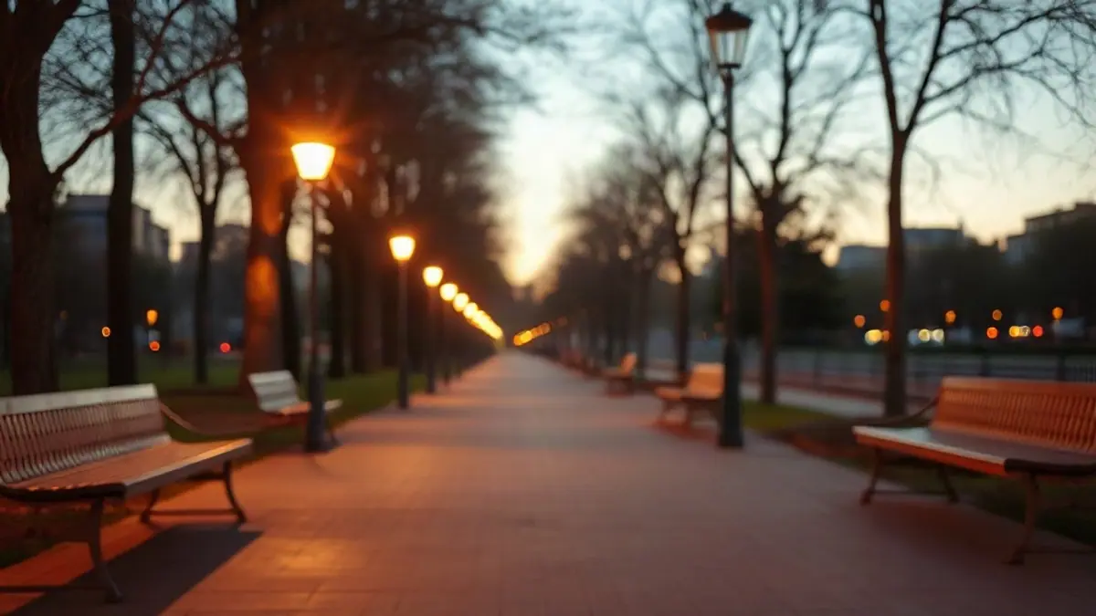 Illustration for a guide on how to handle rejection: a calm city park path at dusk with benches and soft lamp light