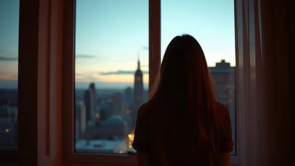 Illustration for a guide on how to recover from awkward flirting: a person seen from behind standing at a window overlooking a city at dusk