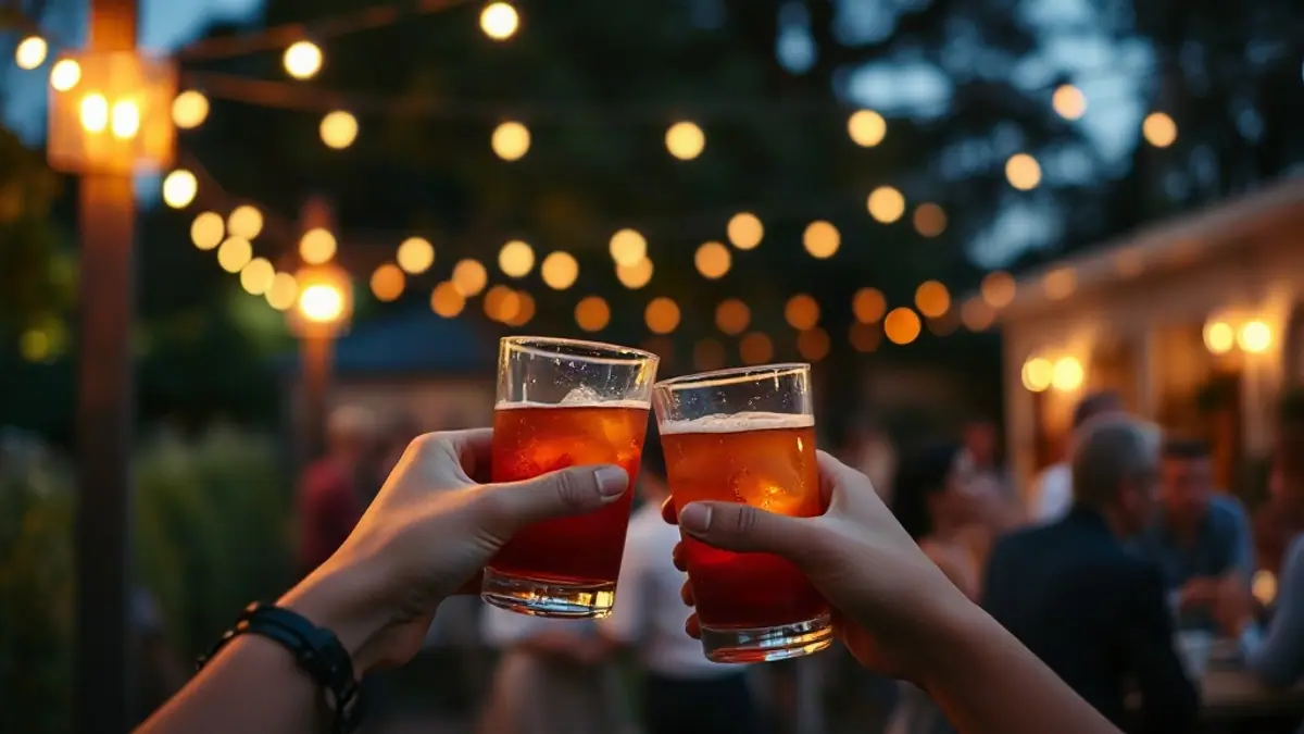 Illustration for a guide on how to start flirting: two people’s hands holding drinks at a garden party with string lights