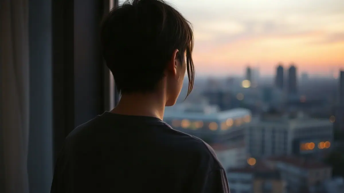 Illustration for a guide on how to stop overthinking texts: a person seen from behind standing at a window overlooking a city at dusk