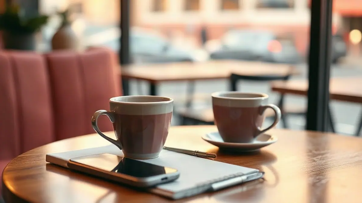 Illustration for a guide on how to stop sounding too friendly: a coffee shop table with two cups