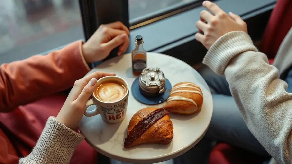 Illustration for a guide on how to tease flirtatiously: two coffee cups and a shared pastry on a small marble café table