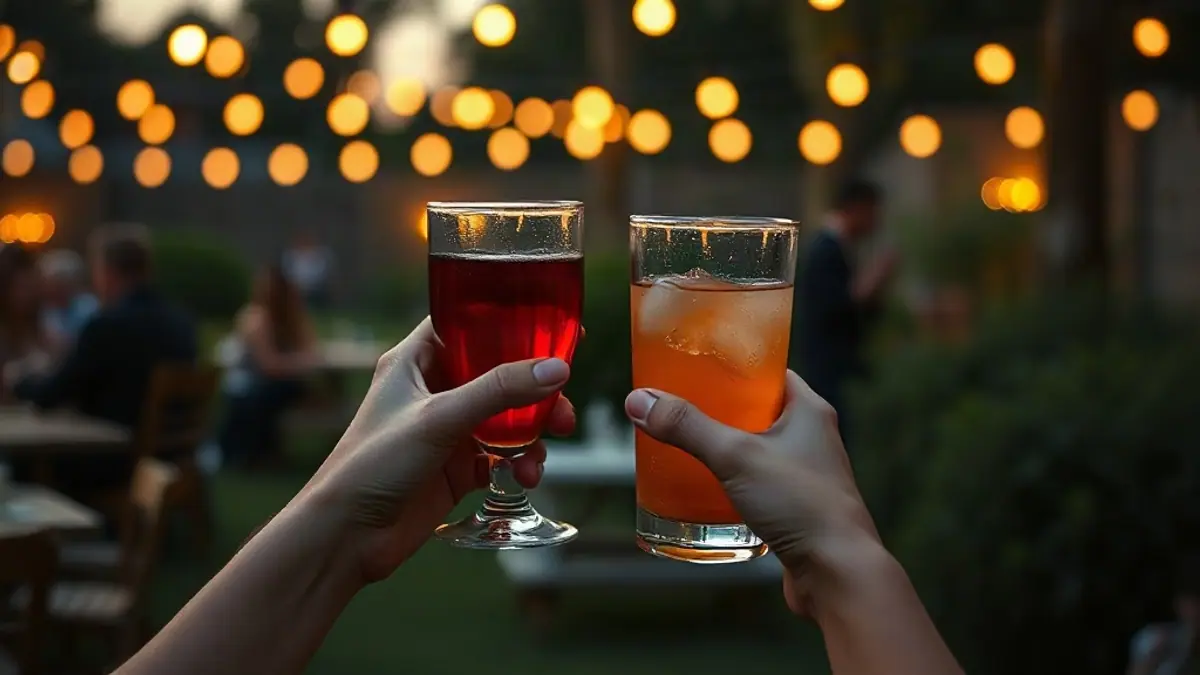 Illustration for a guide on how to use humor when flirting: two people’s hands holding drinks at a garden party with string lights