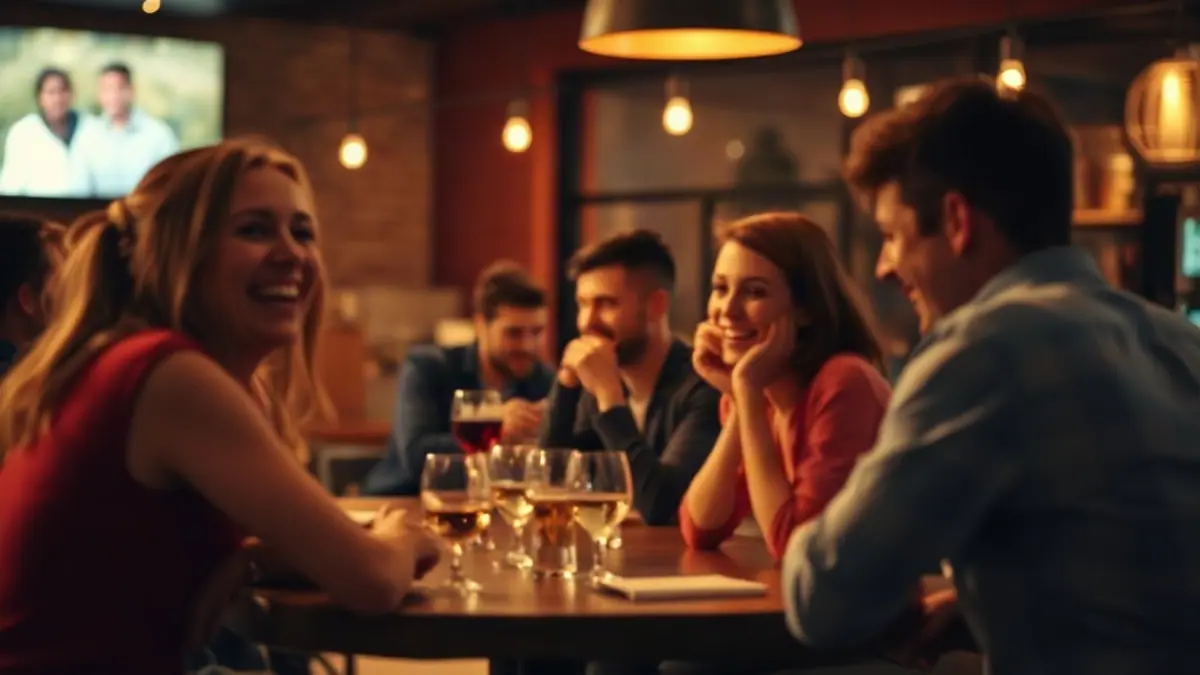 Illustration for a guide on signs someone likes you: a group of adult friends laughing around a table at a bar
