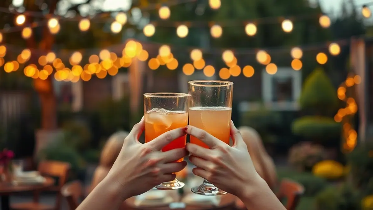 Illustration for a guide on stages of flirting: two people’s hands holding drinks at a garden party with string lights
