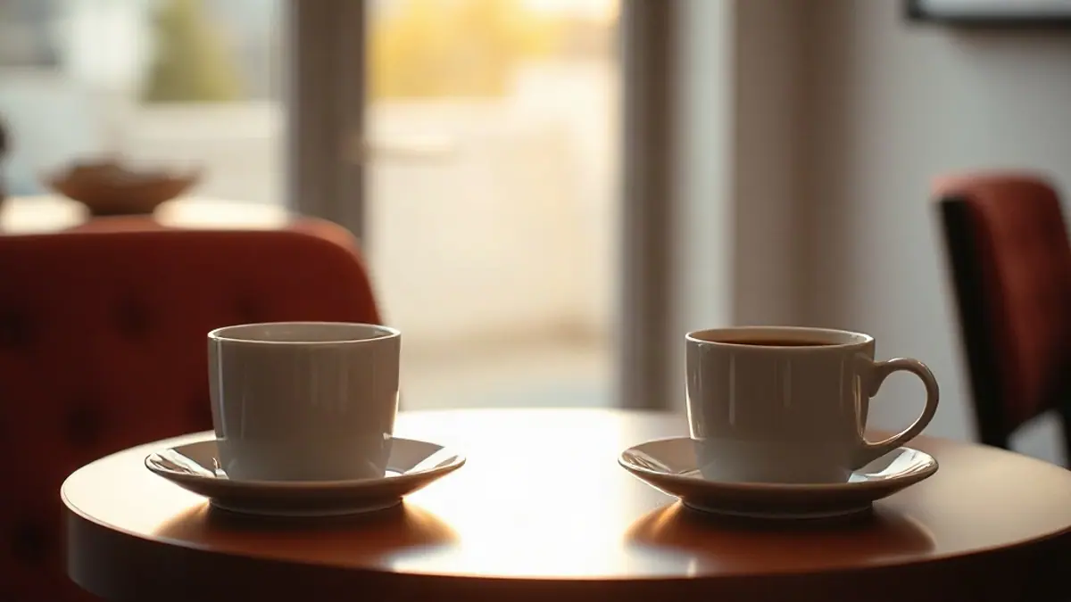 Illustration for a guide on teasing vs negging: two coffee cups on a table with one chair pushed back politely