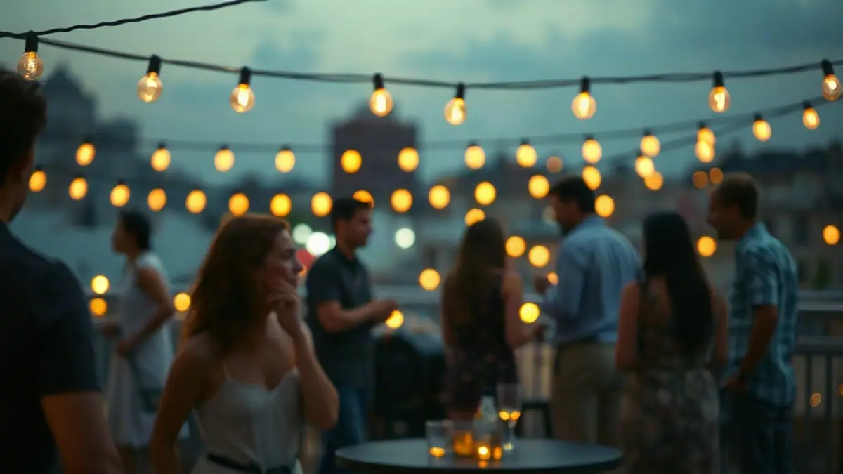 Illustration for a guide on what to say when flirting: a lively rooftop party scene with string lights