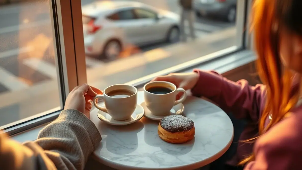Two coffee cups and a shared pastry on a café table at golden hour, a relaxed conversation in progress